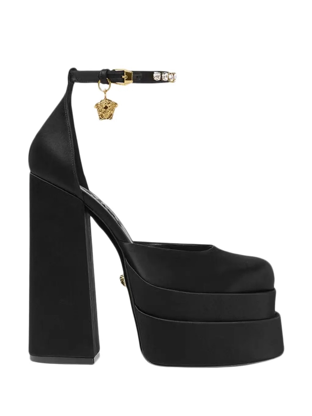 Versace Black Platform Block-Heel Ankle-Strap Pumps with Gold Medusa Charm